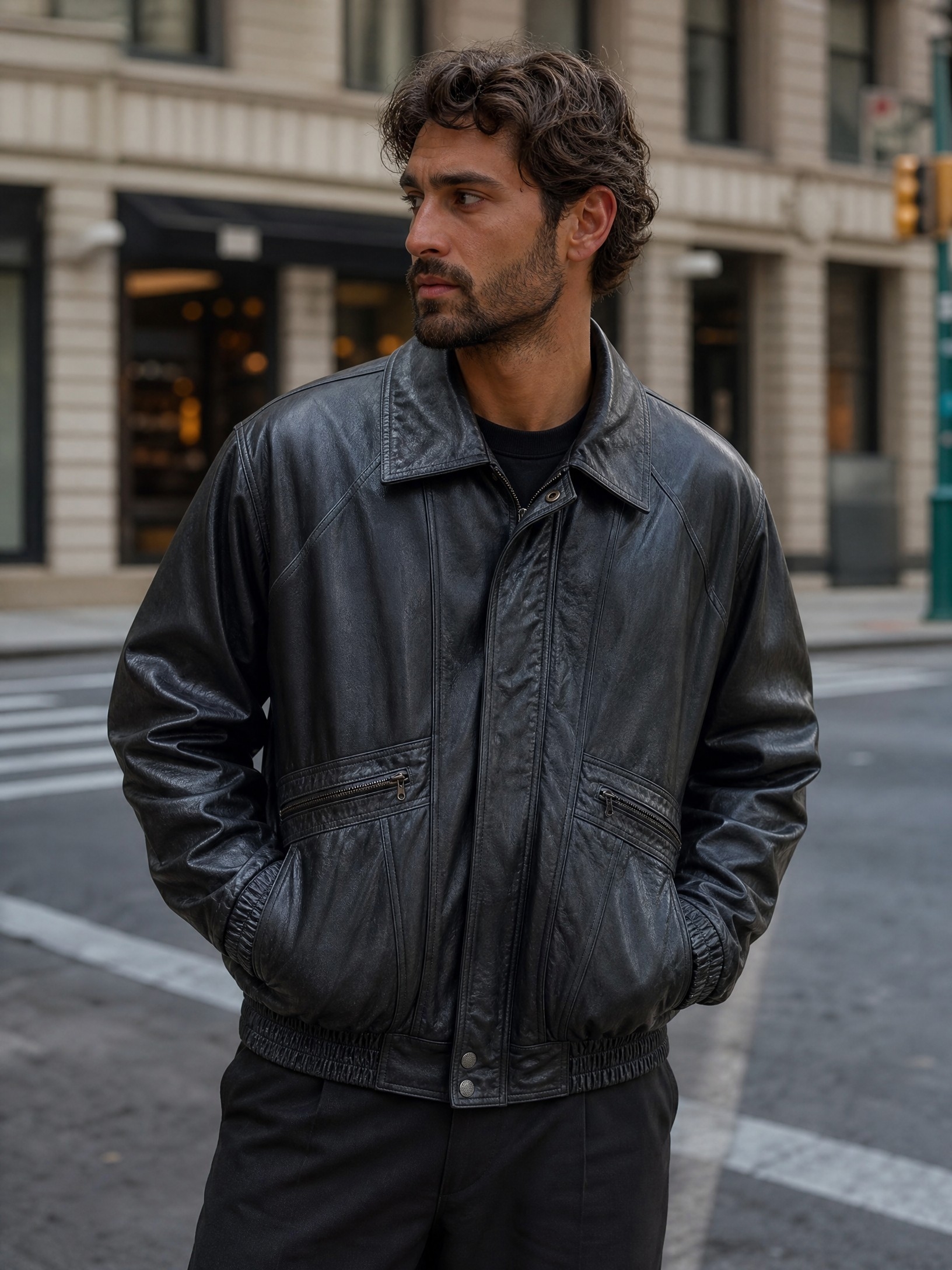 Vintage American Weekend Men's Genuine Leather Black Bomber Jacket Size L